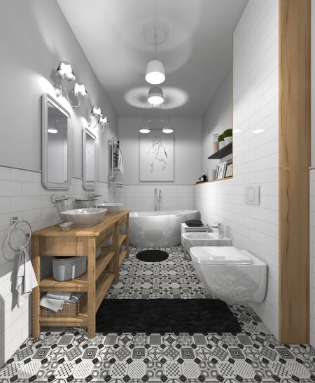 Wnętrze łazienki z drewnianymi meblami w stylu boho, skandynawskim i vintage.