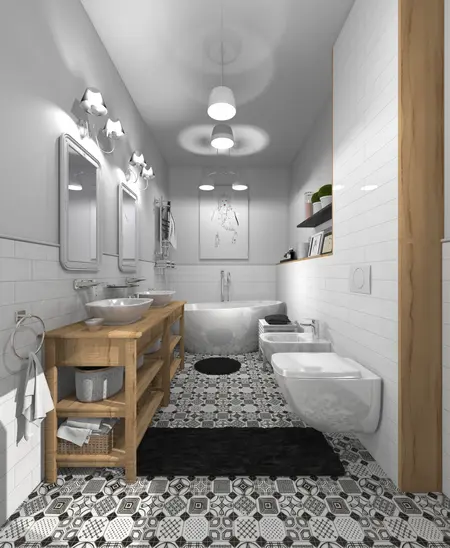 Wnętrze łazienki z drewnianymi meblami w stylu boho, skandynawskim i vintage.