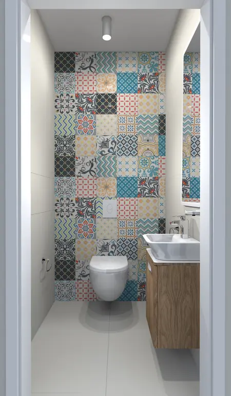 Toaleta z kolorowymi płytkami, drewnianą szafką, w stylach: dopamine decor, industrialny, japandi, minimalistyczny, minimaluxe, nowoczesny, skandynawski, współczesny.