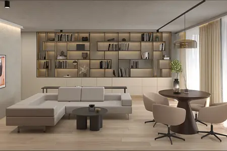 Wnętrze salonu w stylu japandi, minimalistycznym i nowoczesnym z jasnymi meblami.