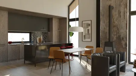 Wnętrze kuchni w stylu eklektycznym z nowoczesnymi meblami i elementami soft minimalizmu.