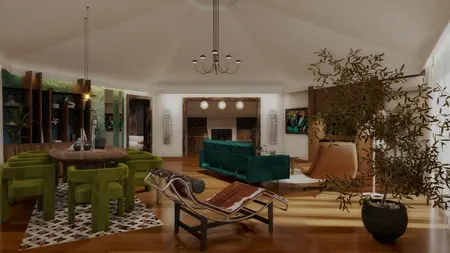Wnętrze salonu w stylu art deco z zielonymi meblami i drewnianym stołem.