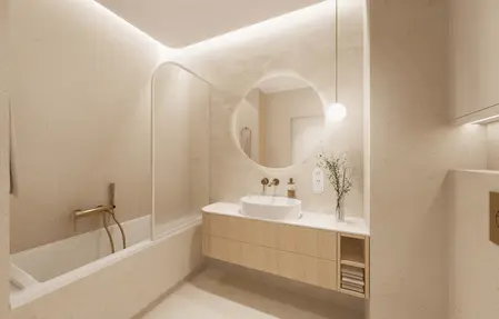 Nowoczesna łazienka w stylu japandi z minimalistycznymi detalami, quiet luxury.