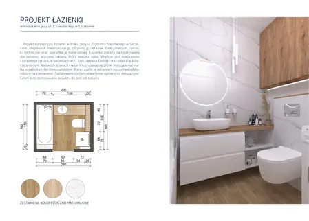 Nowoczesna łazienka z drewnianymi meblami i białymi akcentami, minimalistyczny i współczesny design.