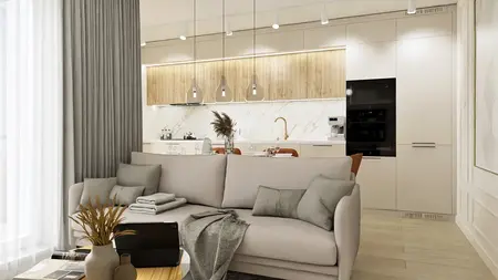 Kuchnia w stylu glamour z minimalistycznymi detalami, nowoczesnymi meblami i eleganckimi akcesoriami.