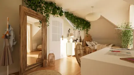 Poddasze w stylu boho z drewnianymi meblami i roślinnością.