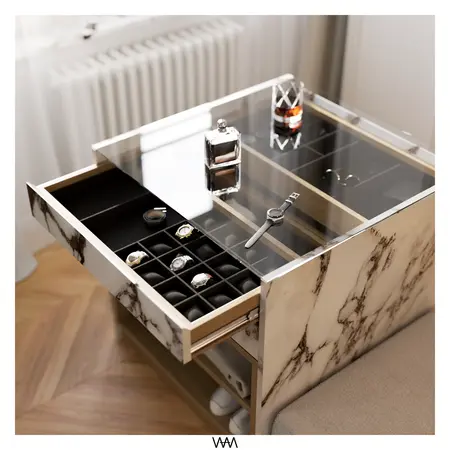 Stolik nocny w stylu soft minimalizm z szklanym blatem, tradycyjnymi akcentami i vintage detalami.