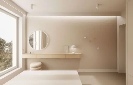 Wnętrze sypialni w stylu japandi i minimalistycznym z jasnymi meblami.
