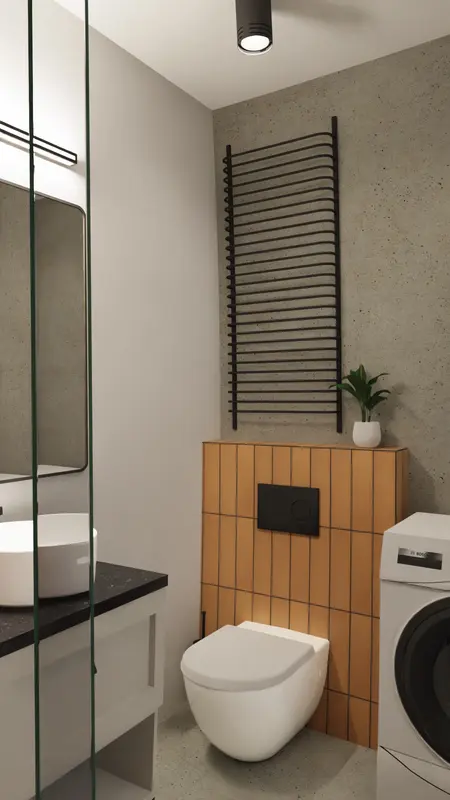 Wnętrze łazienki z minimalistycznym designem, białą toaletą i brązowymi detalami.