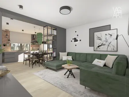 Wnętrze salonu w stylu industrialnym z zieloną sofą i drewnianym stołem.