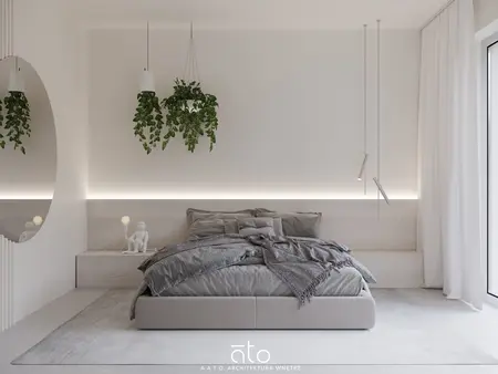 Sypialnia w minimalistycznym stylu z białymi ścianami i roślinami