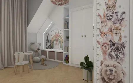 Pokój dla dzieci z dekoracjami zwierząt i tęczą, styl glamour i nowoczesny