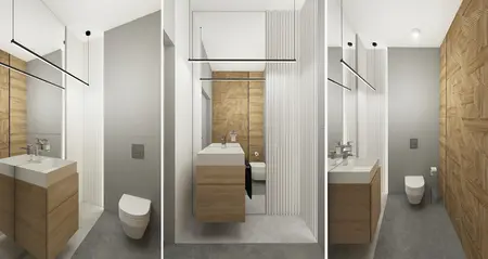 Minimalistyczna łazienka z drewnianymi detalami, nowoczesnym umywalką i szarymi ścianami