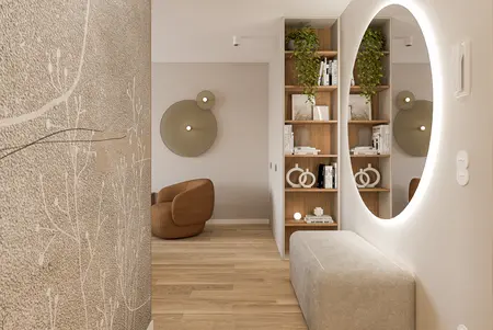 Przedpokój w stylu boho, eklektycznym i minimalistycznym z lustrem i regałem.
