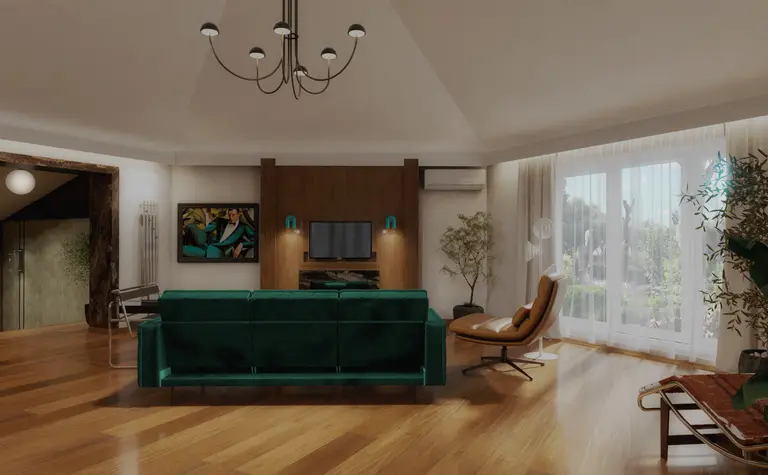 Wnętrze salonu w stylu art deco z zieloną sofą i roślinami.