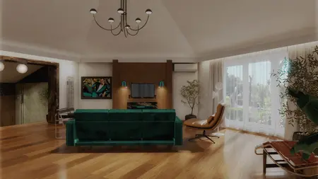 Wnętrze salonu w stylu art deco z zieloną sofą i roślinami.