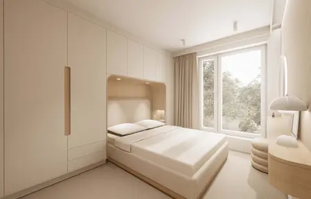 Sypialnia w stylu japandi z minimalistycznym wystrojem.