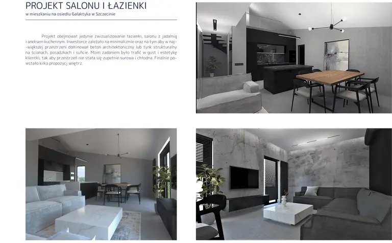 Wnętrze salonu i łazienki w stylu minimalistycznym i współczesnym