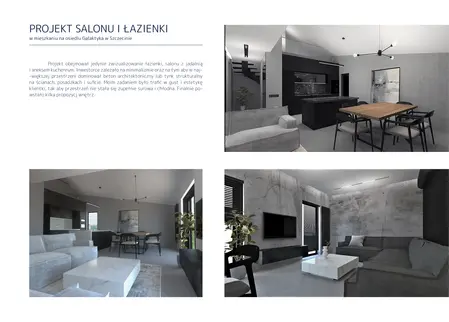 Wnętrze salonu i łazienki w stylu minimalistycznym i współczesnym