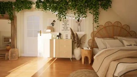 Sypialnia w stylu boho z drewnianym łóżkiem i roślinami.