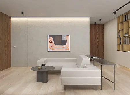 Wnętrze salonu w stylu japandi z minimalistycznymi meblami i drewnianymi detalami.