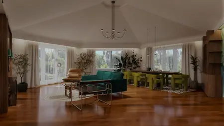 Wnętrze z zielonymi krzesłami, drewnianą podłogą i roślinami, styl art deco, quiet luxury, współczesny.