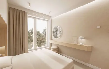 Wnętrze sypialni w stylu japandi z minimalizmem, nowoczesnymi meblami i quiet luxury.
