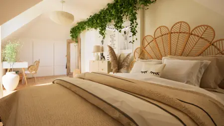 Sypialnia w stylu boho z roślinnymi elementami i naturalnym światłem