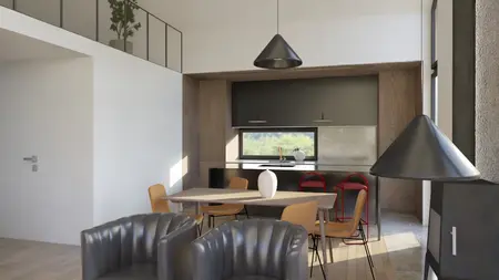 Kuchnia w stylu eklektycznym z nowoczesnymi meblami, soft minimalizm.