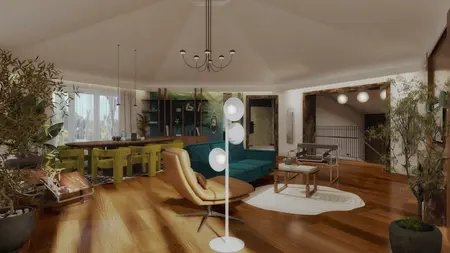 Wnętrze salonu w stylu art deco z zieloną sofą i drewnianymi elementami