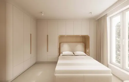 Sypialnia w stylu japandi z minimalistycznymi meblami i naturalnymi akcentami.