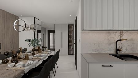 Nowoczesna jadalnia z drewnianym stołem i eleganckimi detalami.