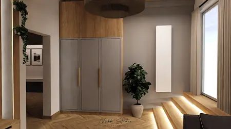 Wnętrze z szafą szaro-drewnianą, rośliną i oświetleniem, styl boho, nowoczesny.