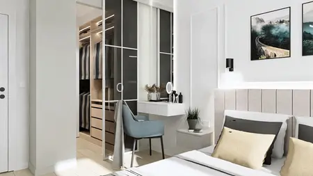 Sypialnia z minimalistycznym wystrojem, glamour detalami, nowoczesnym biurkiem oraz szafą.