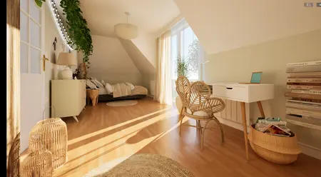 Wnętrze poddasza w stylu boho z naturalnym światłem