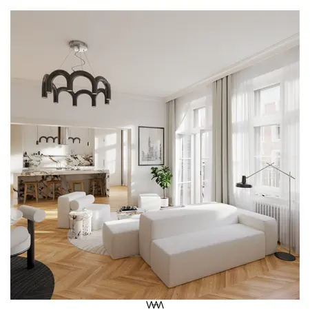 Wnętrze salonu w stylu soft minimalizm z białymi meblami i drewnianymi akcentami.