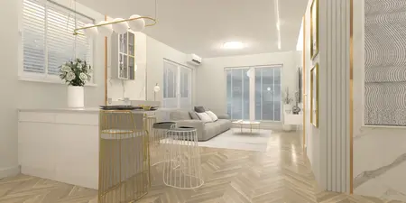 Wnętrze z elementami boho i nowoczesnymi meblami, jasne kolory.