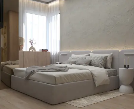 Wnętrze sypialni w stylu japandi, minimalistycznym z nowoczesnymi meblami.