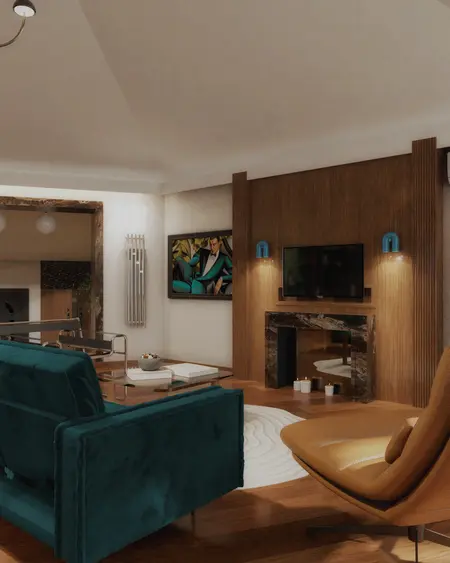 Wnętrze salonu w stylu art deco z niebieską sofą i kominkiem.