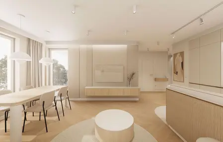 Wnętrze jadalni w stylu japandi, minimalistycznym i nowoczesnym z drewnianym stołem.
