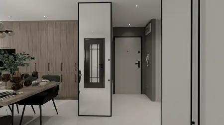Wnętrze z drewnianą zabudową, białymi meblami i lustrem, nowoczesny design.