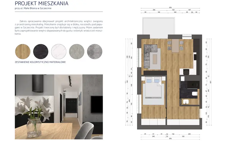 Wnętrze mieszkania z minimalistycznym designem, szare ściany i drewniane akcenty