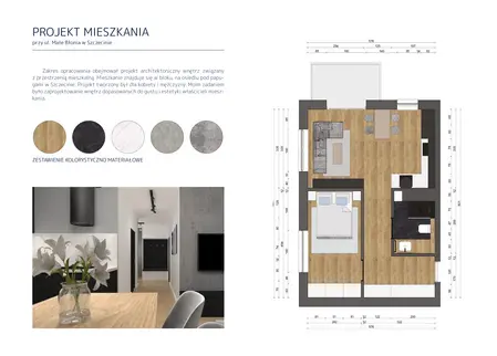 Wnętrze mieszkania z minimalistycznym designem, szare ściany i drewniane akcenty