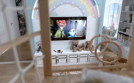 Pokój dziecięcy z telewizorem, pluszakami i pastelowymi kolorami. Styl nowoczesny.