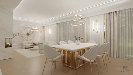 Wnętrze jadalni glamour z białym stołem i złotymi detalami