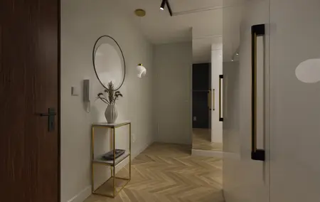 Nowoczesny przedpokój z boho akcentami, lustrem i złotymi detalami.
