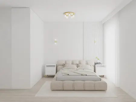 Minimalistyczna sypialnia z beżowym łóżkiem i białymi ścianami, nowoczesne oświetlenie.