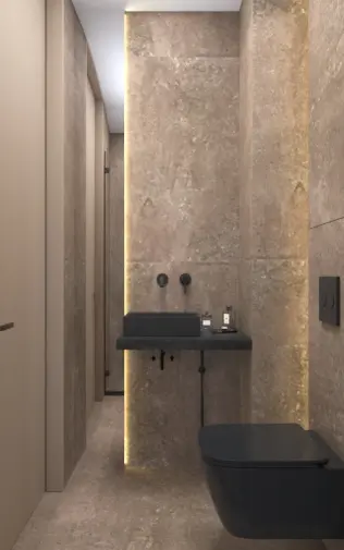 Nowoczesna łazienka w stylu japandi z szarymi ścianami, minimalistycznymi elementami i soft minimalizmem.