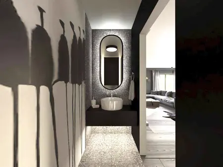 Nowoczesna łazienka z minimalistycznym designem, eklektyczne akcenty.