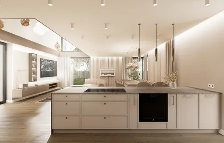 Wnętrze kuchni z minimalistycznym designem, beżowymi meblami i nowoczesnymi lampami.